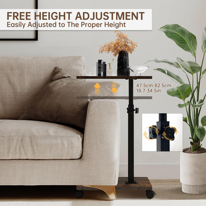KUKKUME C Shaped Side Table Height Adjustable Sofa Table Over Bed Table with 360° Swivel Tray and Wheels Under Sofa End Table for Living Room Couch