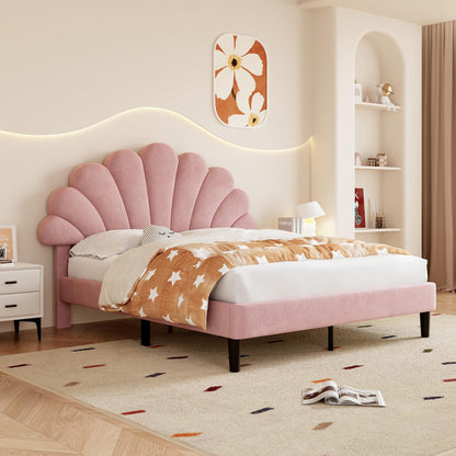 Merax Double bed frame, 4ft6 Double Upholstered Bed, Adjustable Chic Petal Headboard, Sturdy Wooden Slat Support, Velvet Fabric (No Mattress)