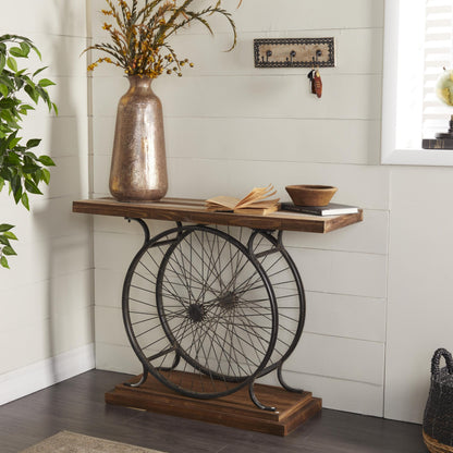 Deco 79 Wood Bike Wide Slatted Top Console Table with Dual Wheel Frame and Tiered Base, 39 Inch x 12 Inch x 25 Inch, Brown