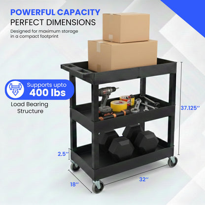 LUXOR EC111-B Tub Storage Cart 3 Shelves - Black,32" x 18"