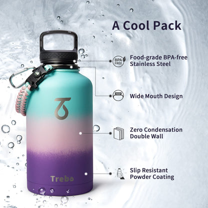 Trebo Stainless Steel Water Bottle 2L, Wide Mouth Insulated Water Bottle Double with Paracord Handle Sports Bottle Keep Cold 48 Hours Water Jug with 3