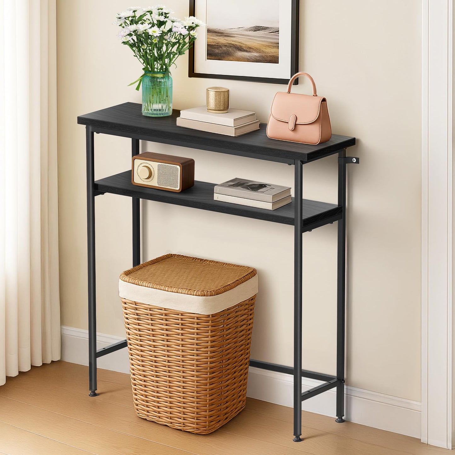 VOUNOT® Narrow Console Table, 2- Tier Slim Metal Frame Entryway Table, Small Sofa Side Table with Storage Shelf for Hallway, Living Room or Bedroom