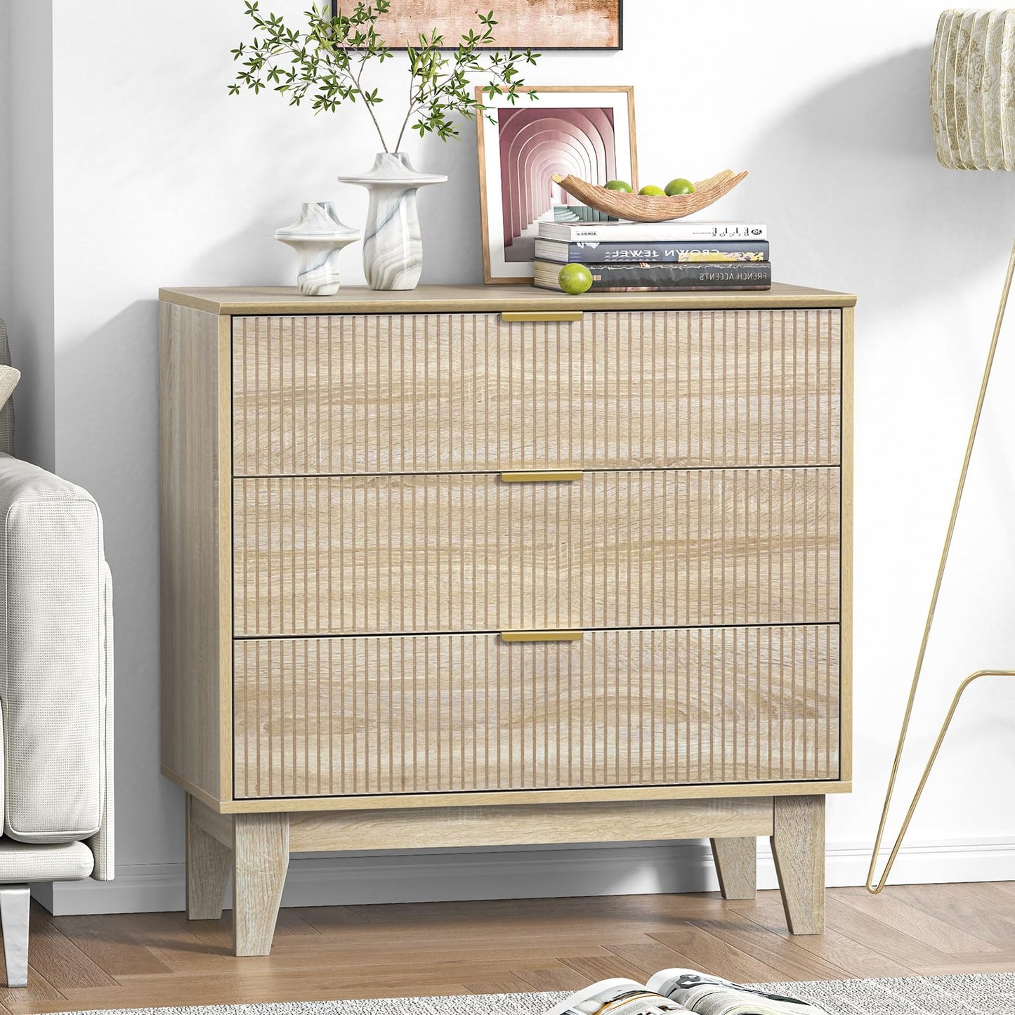 Yvsevnr Fluted Bedroom Chest of 3 Drawers Wooden Fluted Closet Dressers Anti-Tipping Large Nightstand Bedside Storage Cabinet Unit Clothes Storage