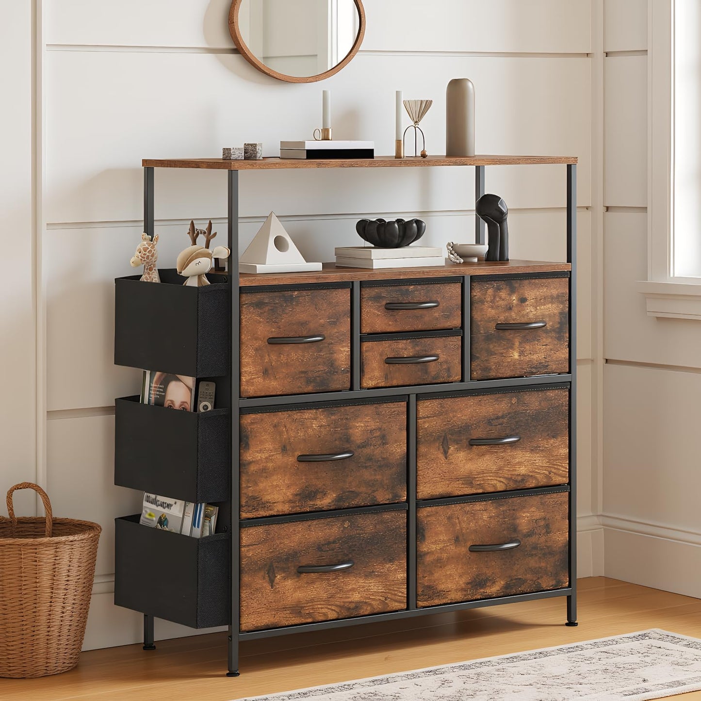 Feonase Chest of Drawers, Bedroom Dresser with 8 Fabric Drawers, Open Storage Shelf, Side Pockets, Wood Top & Metal Frame