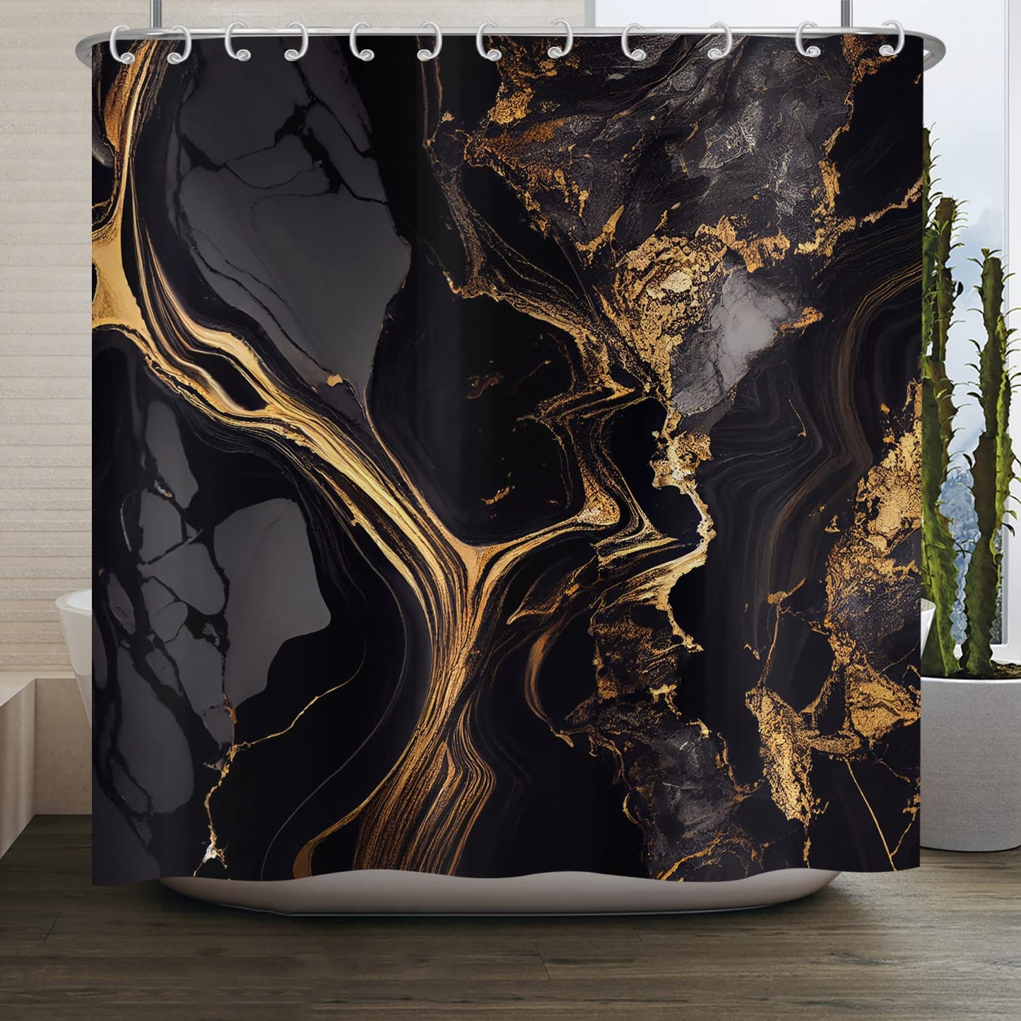ASDCXZ Marble Shower Curtain Black Gold 180x180 cm, Modern Abstract Black Gold Marble Optic Texture Washable Bath Shower Curtains Polyester Textile