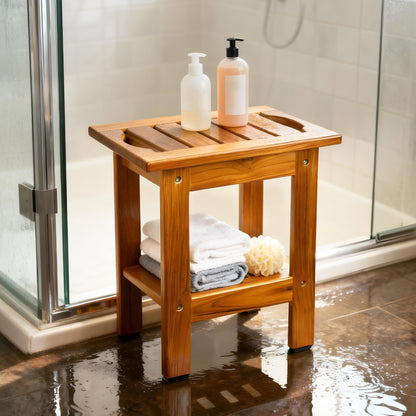 VaeFae Teak Small Shower Bench, 2-Tier Stool with Shelf & Non-Slip Feets