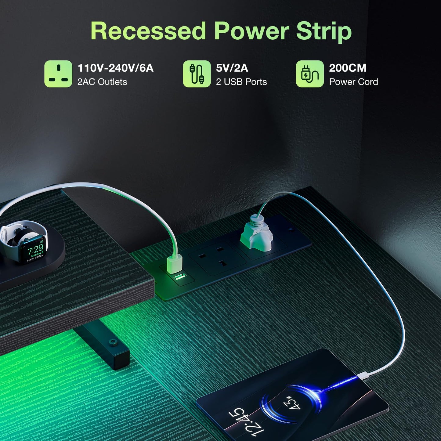 Coleshome L Shaped Gaming Desk with LED Lights & Power Outlet, 100x70 cm