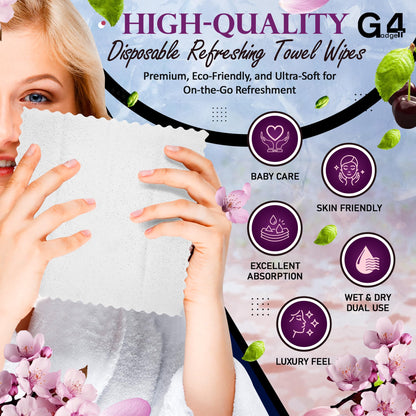 G4GADGET Luxury Disposable Refreshing Towel Wipes 6 Pack - Cherry Blossom Scent | 25cm x 25cm Towels for Hands & Face | Hot & Cold Use
