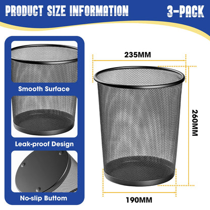 Evadow 3 Pack Mesh Waste Paper Bin 12 Litres, Metal Wire Waste Basket Lightweight Circular Trash Bin for Home Office Garbage Can Bin