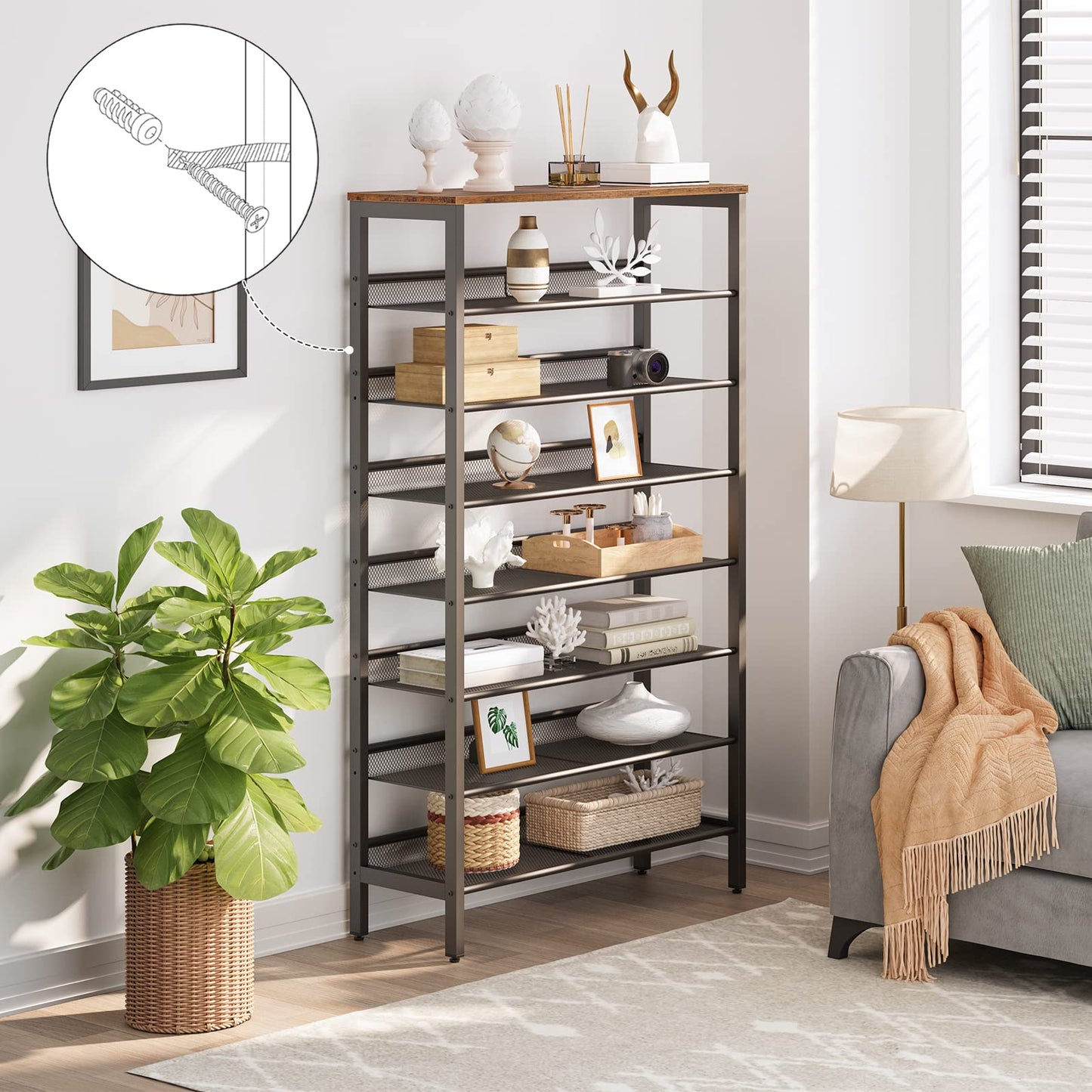 HOOBRO Shoe Rack, Large Capacity Shoe Storage, Tall Shoe Shelf for 21-28 Pairs of Shoes, Shoe Organizers, Adjustable Shelves, Rustic Brown EBF18XJ01