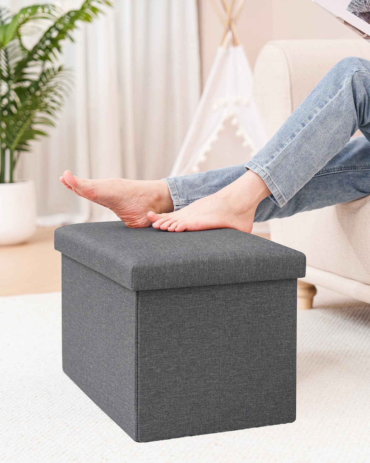 Bonlife Grey Ottoman Storage Box - Foldable Rectangular Footstool for Living Room, Kids Toy Chest with Lid, Multi-Use Seat & Storage, 42x32x32 cm