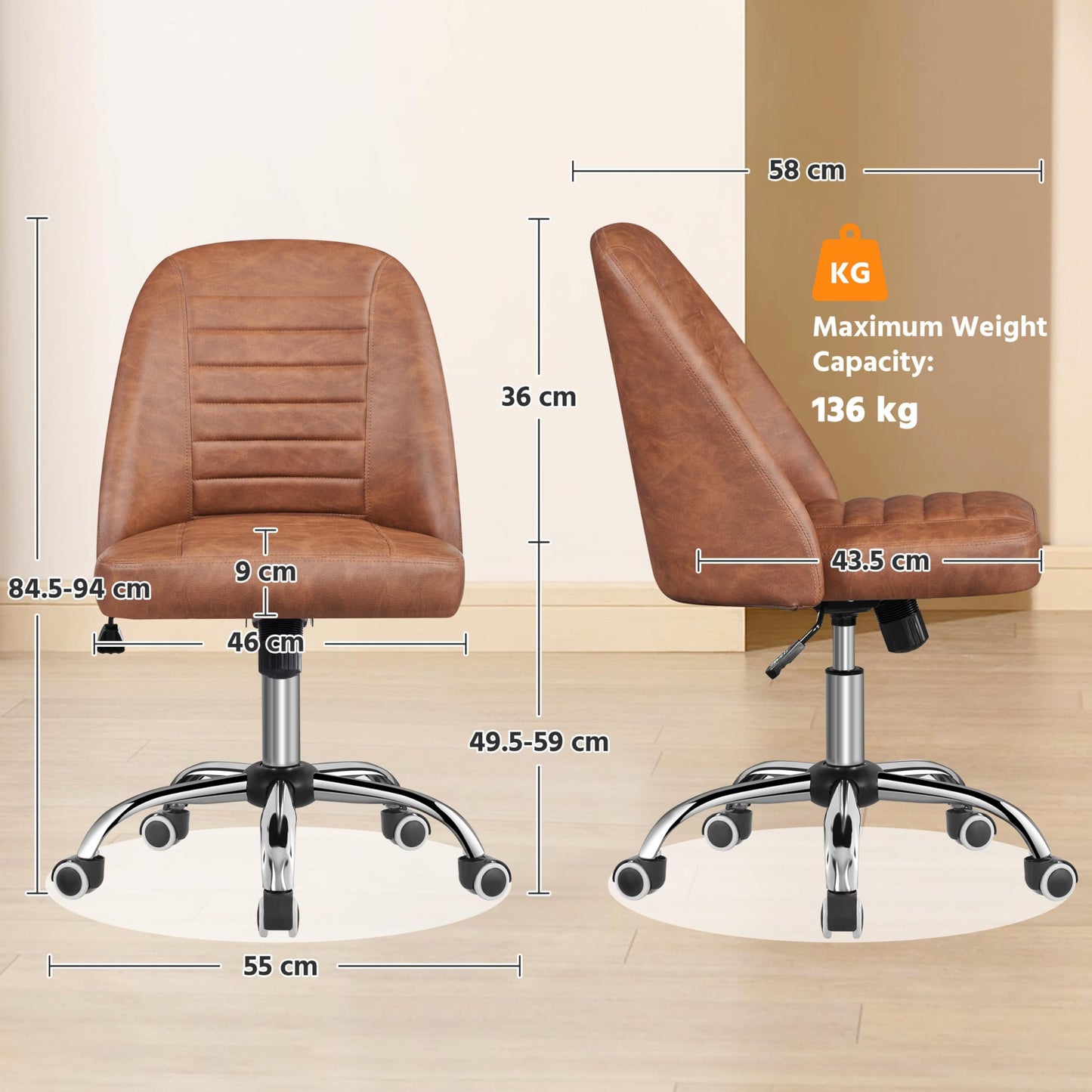 Yaheetech Armless Faux Leather Office Chair Swivel Back Support Retro Brown
