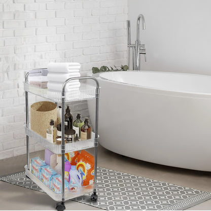 Speclux 3-Tier Clear Acrylic Rolling Storage Trolley on Wheels with Bonus Hanging Cups, Lockable Wheels & Handle