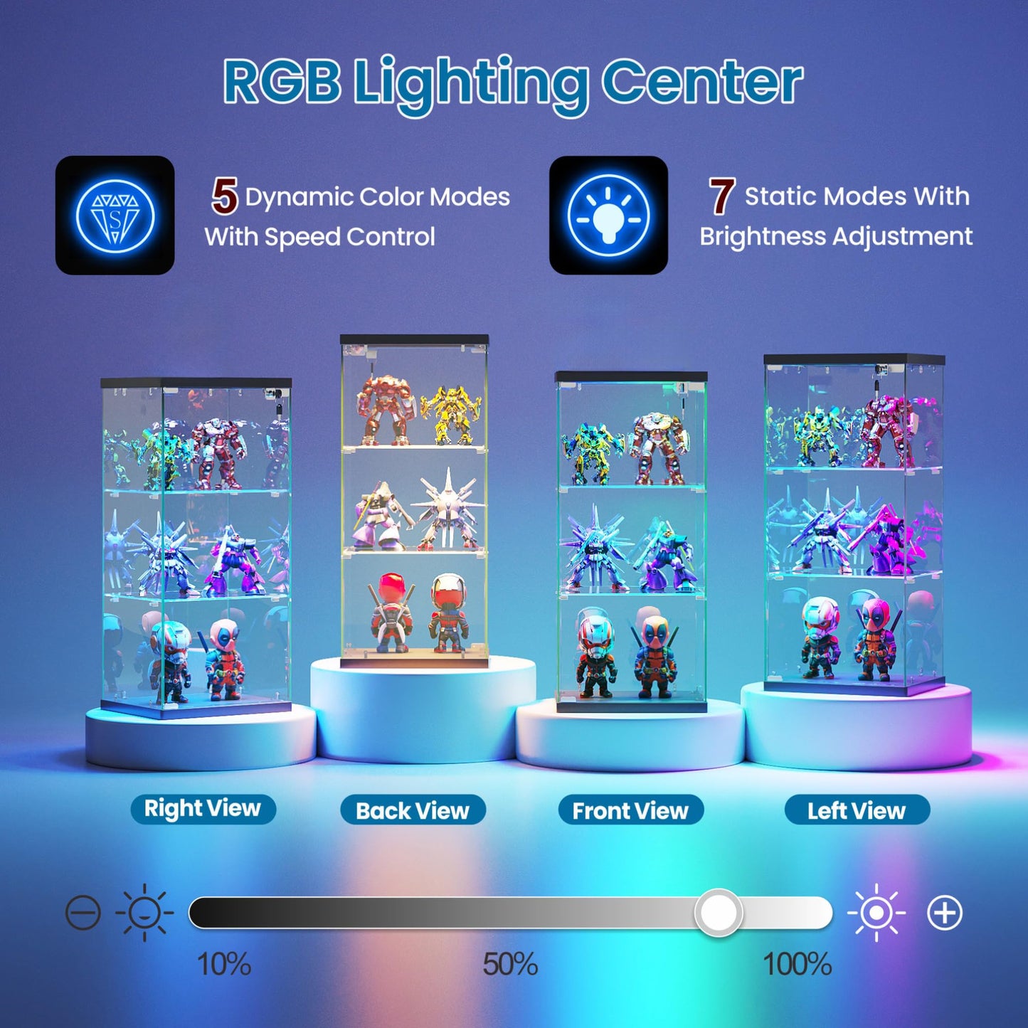 FREDEES Glass Display Cabinet with RGB Lights, 3-Tier, Black