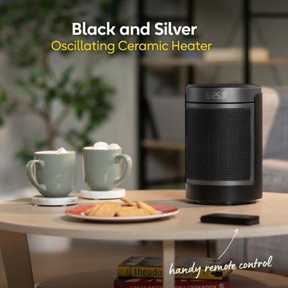 Russell Hobbs Space Heater in Black & Silver 1500W Portable Oscillating Ceramic Round Electric Heater, Low Energy Digital Display, 4 Modes, 24hr Auto