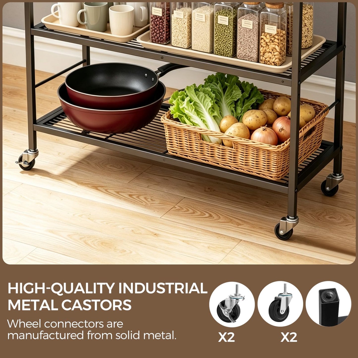 3-Tier kitchen trolley,Black Wood Top,80W×30Dcm,4 Hooks, Adjustable Shelves