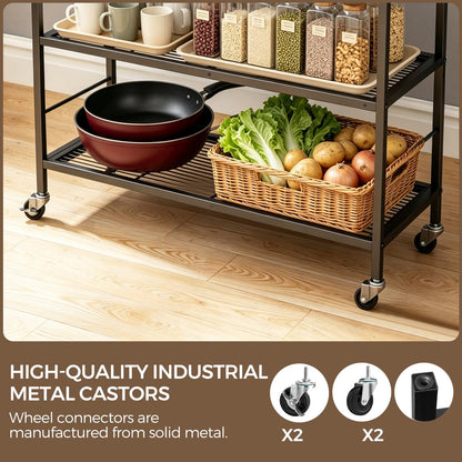 3-Tier kitchen trolley,Black Wood Top,80W×30Dcm,4 Hooks, Adjustable Shelves