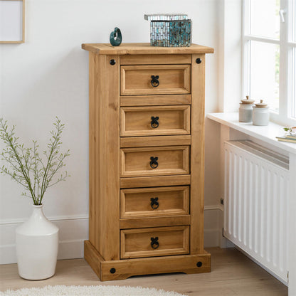 Seconique Corona 5 Drawer Narrow Chest in Distressed Waxed Pine