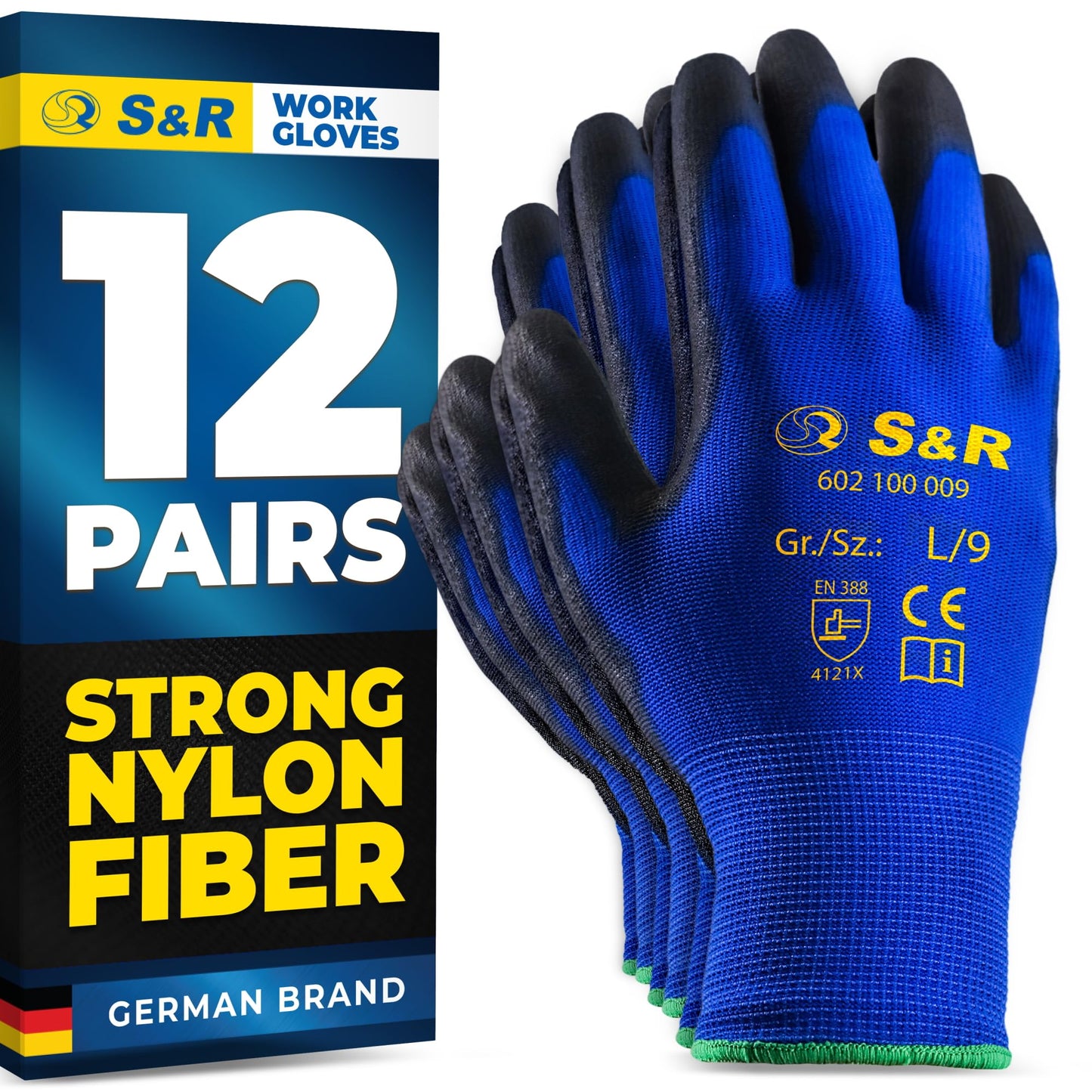 S&R Work Gloves ? 12 Pairs, Nylon with PU Coating, Size L/9 ? Protective Gloves for Private & Commercial Use