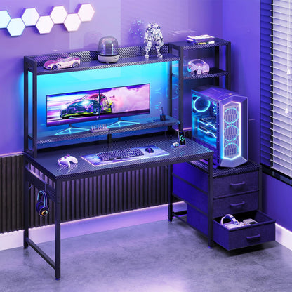Coleshome Gaming Desk with LED Lights & Display Shelves Carbon Fiber Black