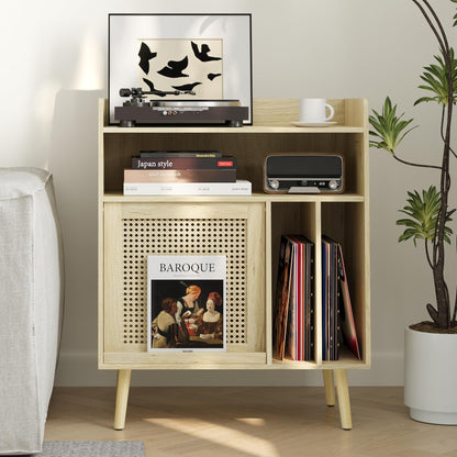 Semiocthome Record Player Stand with Vinyl Storage, Record Player Table with Storage Shelf, Turntable Stand with Rattan Cabinet Door