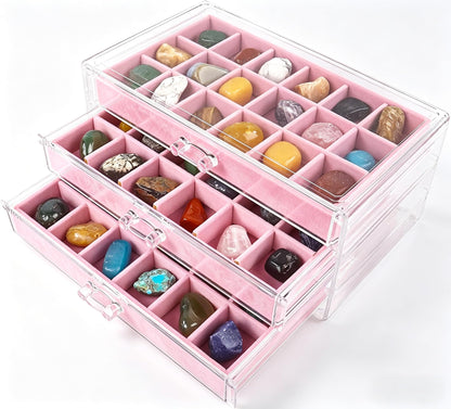 Dmnnlp Rock Display Case, 3 Drawers 54 Grids Rock Collection Box, Storage Cases for Gemstone Fossil Crystal Stone Jewellery (Pink)