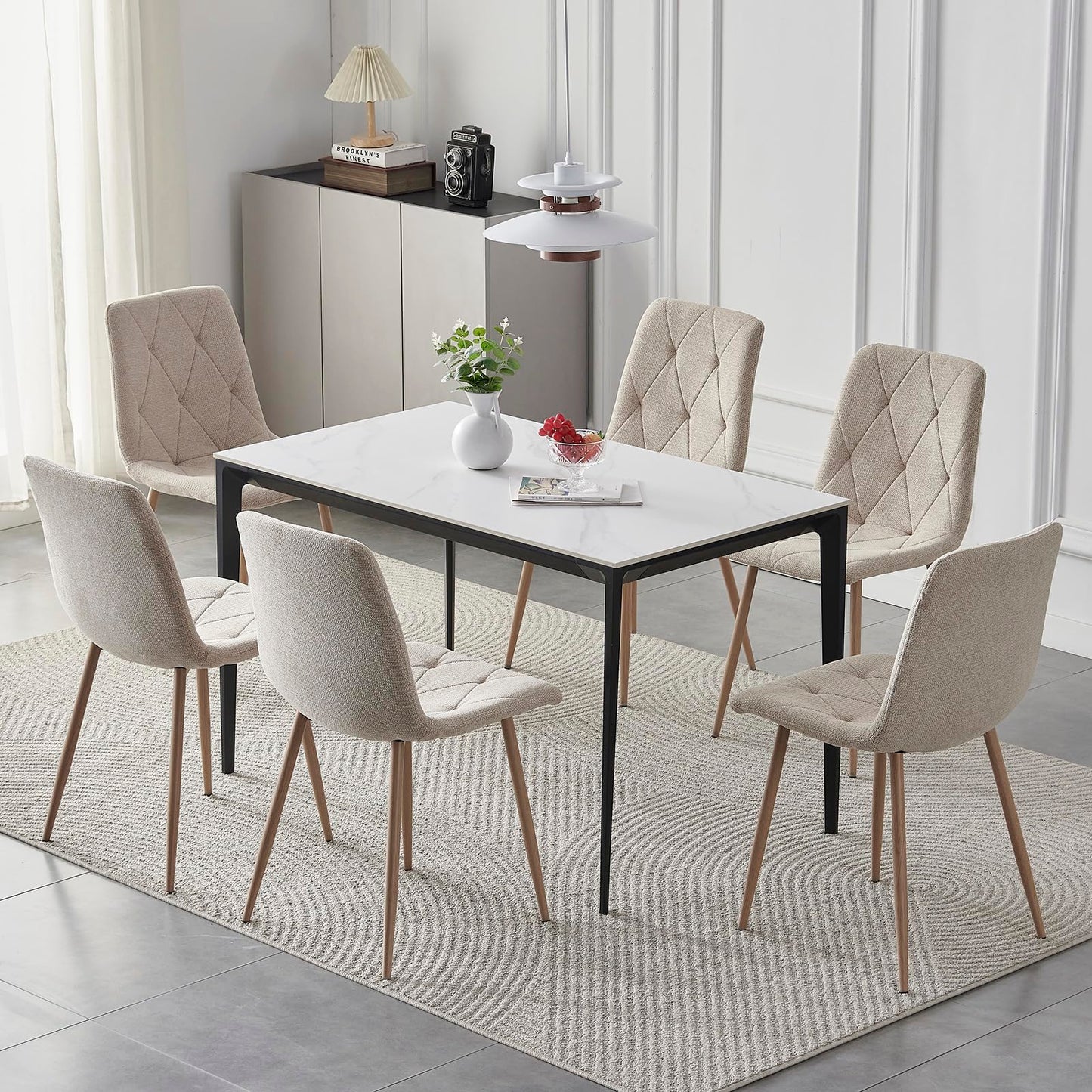 Set of 6 Dining Chairs for Dining Room, Fabric Kitchen Chairs Set, Beige