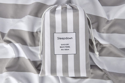 Sleepdown Striped Large Beach Towel Soft Microfiber Absorbent Swimming Pool Travel Camping Bath Sauna Gym Yoga with Bag - Grey - (160 x 90cm)