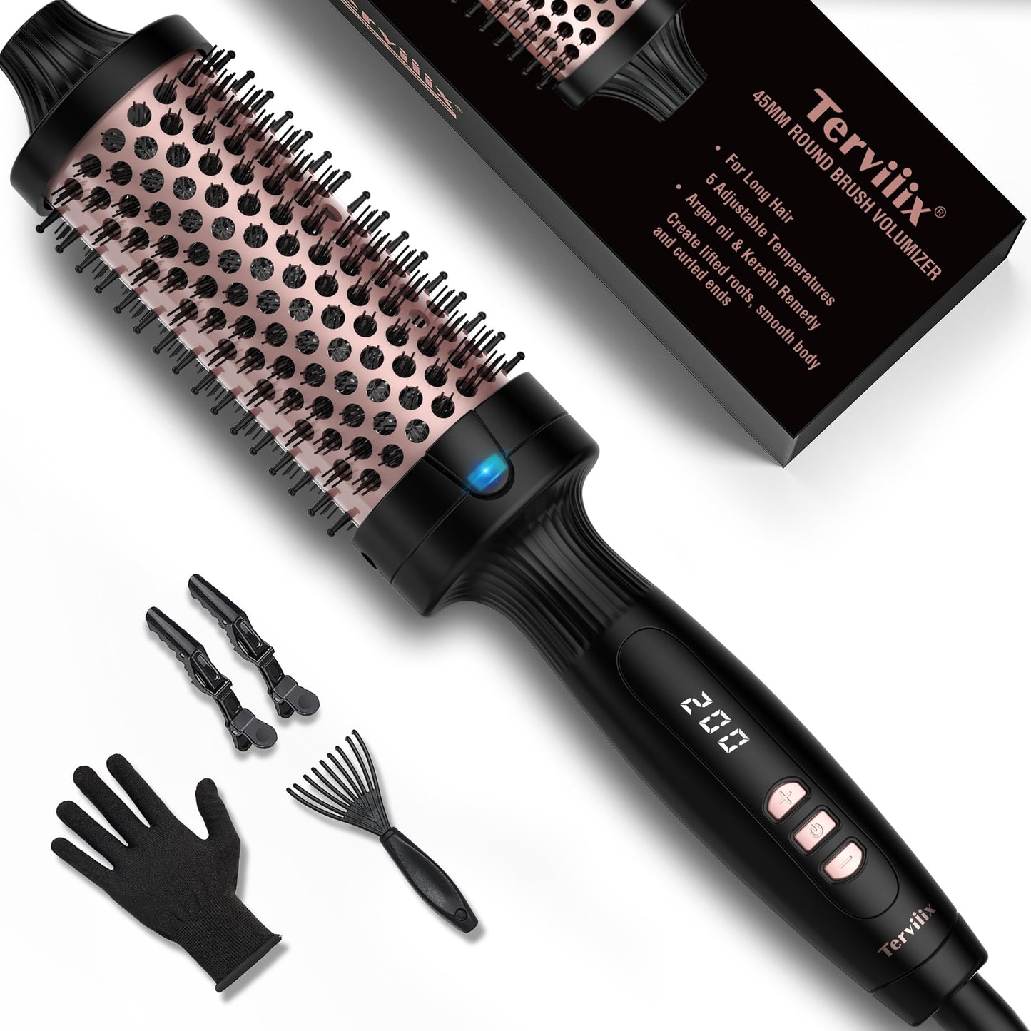 Terviiix Thermal Brush 45mm, Double MCH Ceramic Curling Tong Tourmaline Ionic 2 in 1 Heated Hair Curling Wand Brush, Digital Display 5 Temperatures