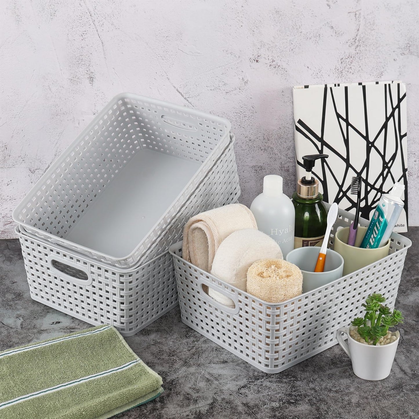 Yuright 4 Pack Plastic Woven Storage Baskets for Desktop Shelf, Light Gray