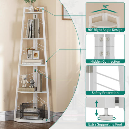 YITAHOME Corner Shelf 5 Tier, Industrial Corner Bookshelf Modern Floorstanding Corner Bookcase Ladder Shelf Wooden Open Shelving Unit for Living Room,