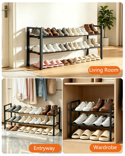 Anhow Extendable Shoe Rack, 2 Tier Adjustable Shoe Storage, 44 to 109 cm, Black Metal Free Standing Shoe Rack, Space Saving for Wardrobe, Closet