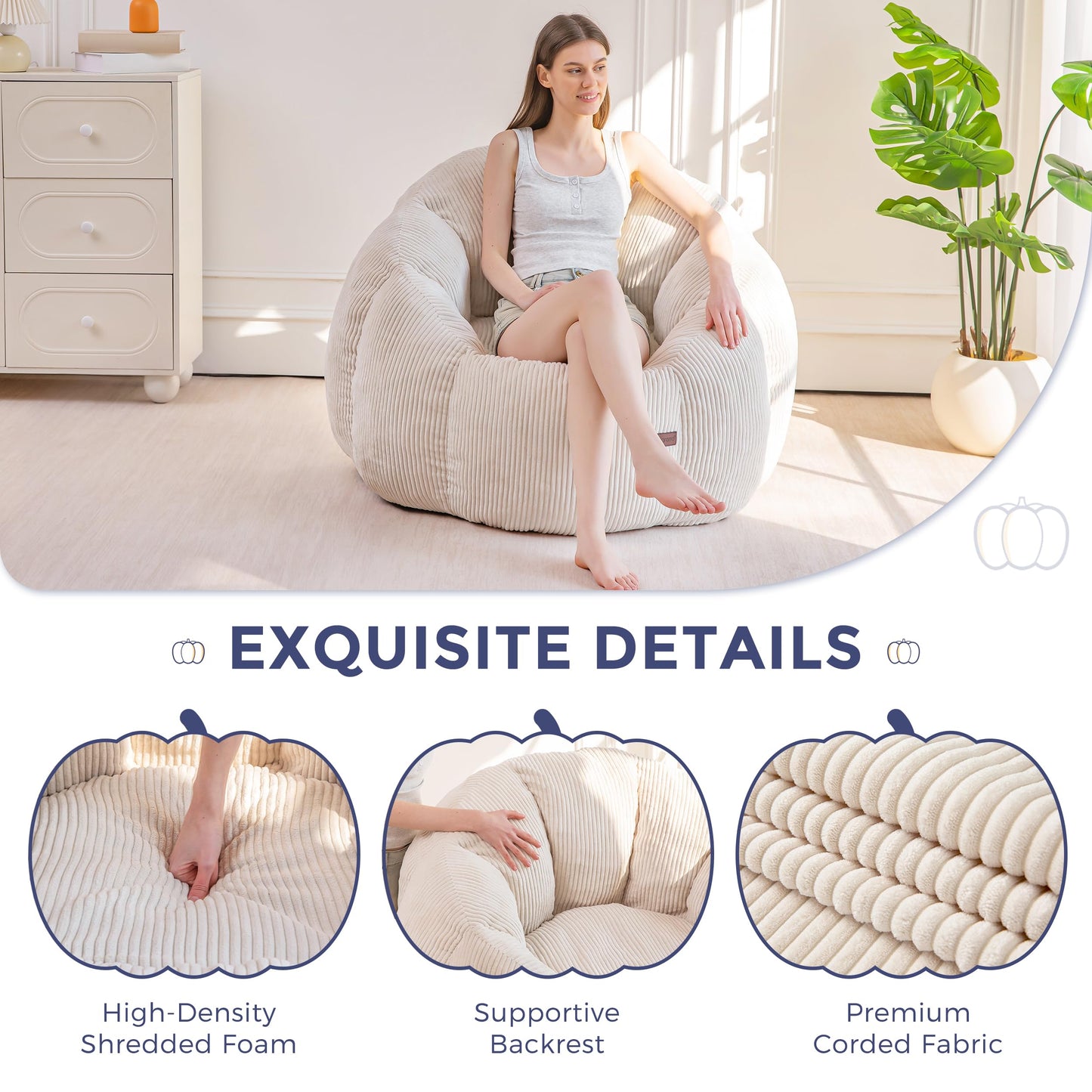 MAXYOYO Bean Bag Chair,Pumpkin Shaped Bean Bag Sofa Includes Filling,Comfy Corduroy Beanbag Sofa for Living Room Bedroom