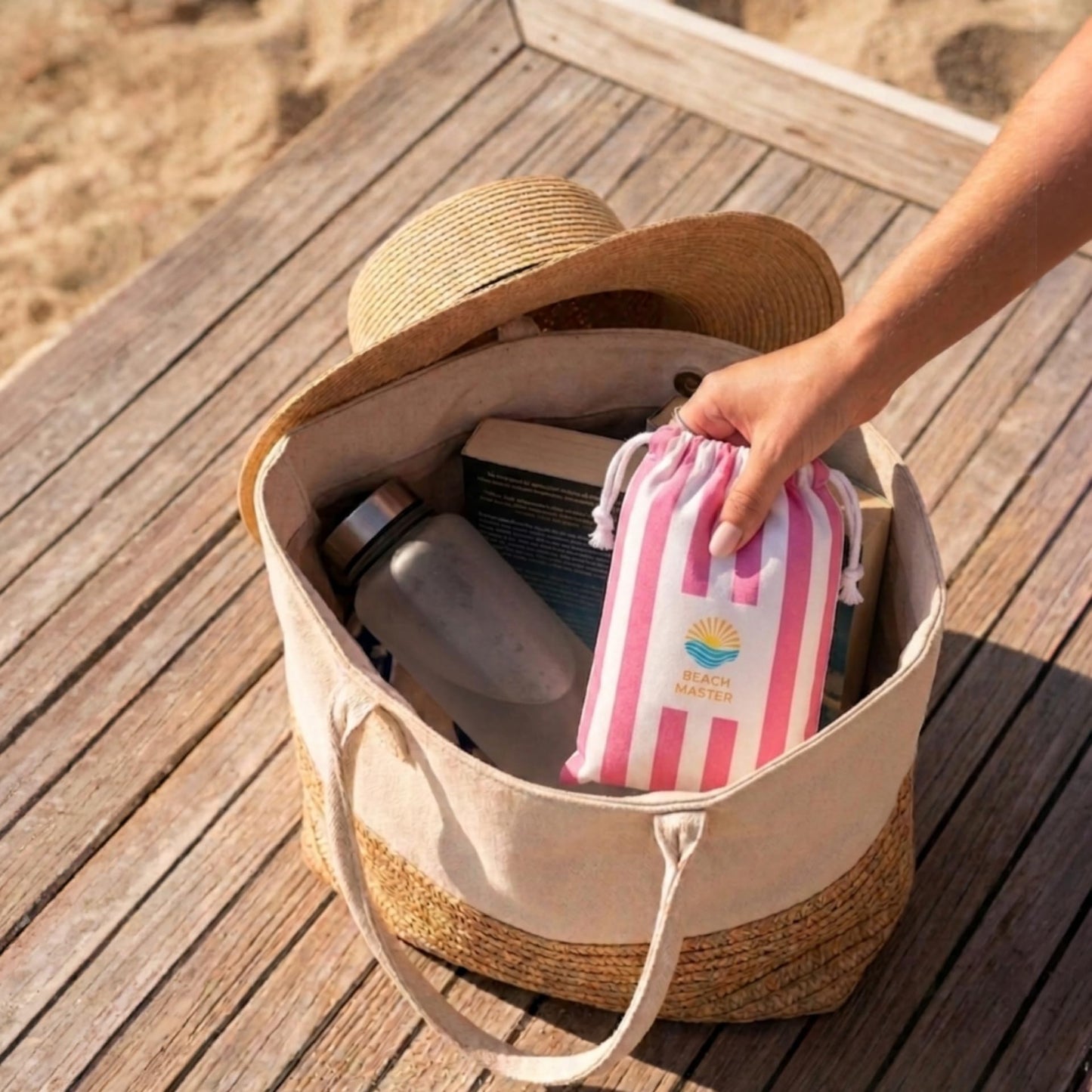 Beach Master Large Microfibre Beach Towel for Adults – Quick Dry & Sand Free Lightweight Travel Towel with Carry Bag, 160 x 80cm – Beige Stripe