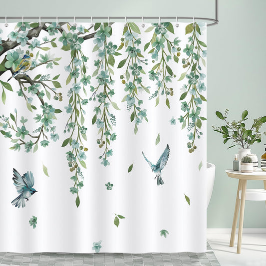 Bonhause Eucalyptus Leaves Hummingbird Shower Curtain, Sage Green Leaf with Floral Bathroom Curtain 180 x 180 cm Waterproof Mildew and Mould Resistant