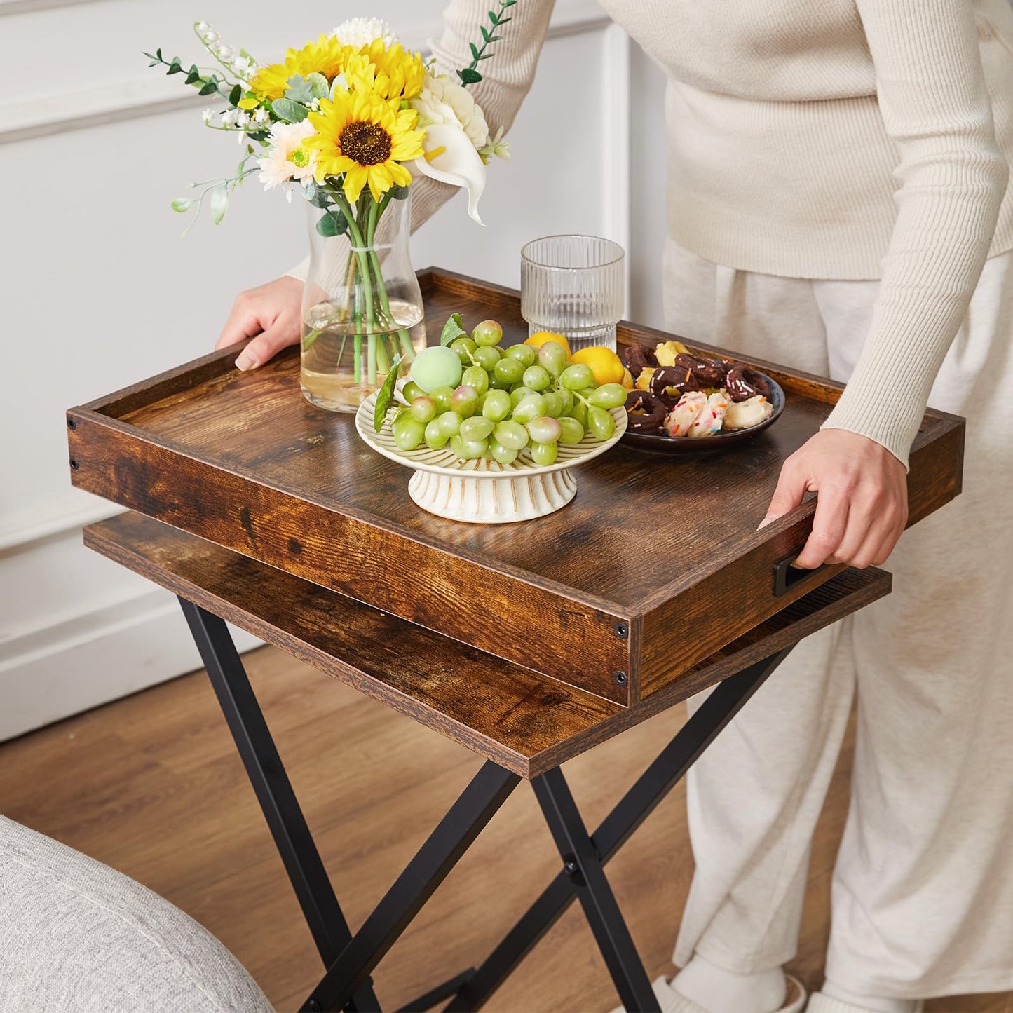 IBUYKE Folding TV Tray Tables 2 Set, Foldable Side Table with Removable Food Serving Tray, Portable Wooden Coffee Snack Table for Livingroom, Bedroom