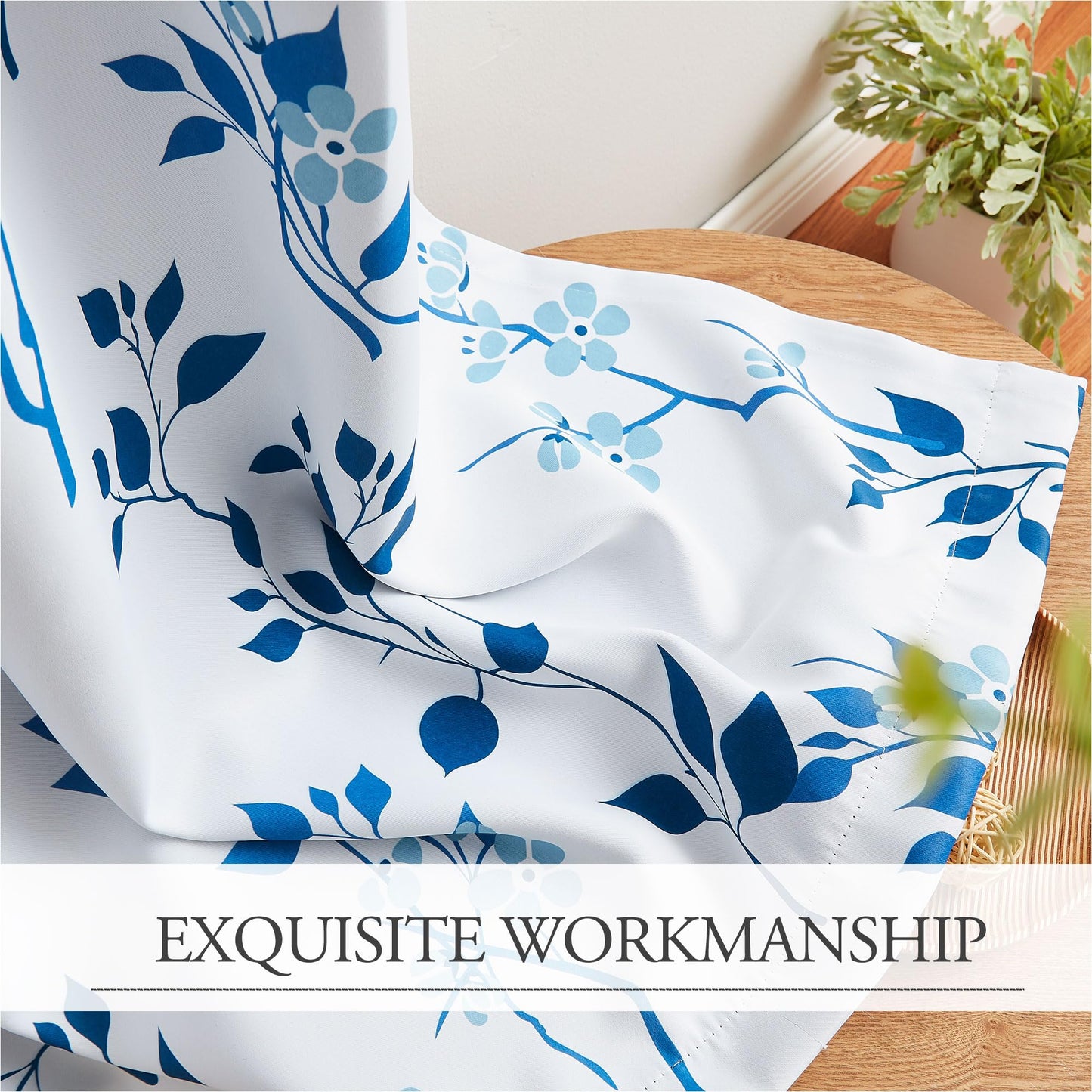 Beauoop Navy Blue Floral Blackout Curtains for Living Room Bedroom 90 Inch Drop Leaf Print Eyelet Curtain Botanical Thermal Insulated Noise Reducing