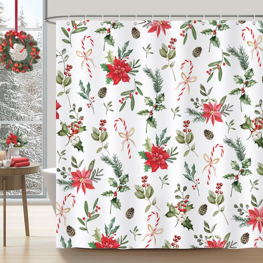 Bonhause Christmas Poinsettia Shower Curtain, Red Xmas Floral Leaves Bathroom Curtain 180 x 180 cm Waterproof Mildew and Mould Resistant Polyester