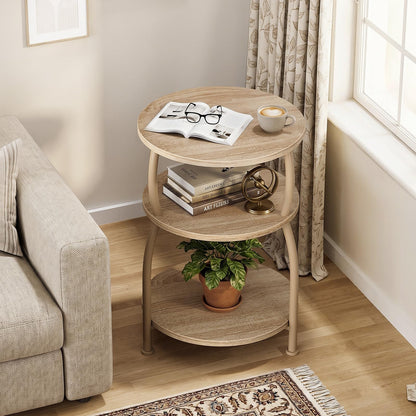 Yuede 3 Tier Side Table, Round Coffee Table, End Table with Storage Shelf, Bedside Table, for Living Room, Bedroom, Metal Frame, 40 x 61 cm, Oak Gray