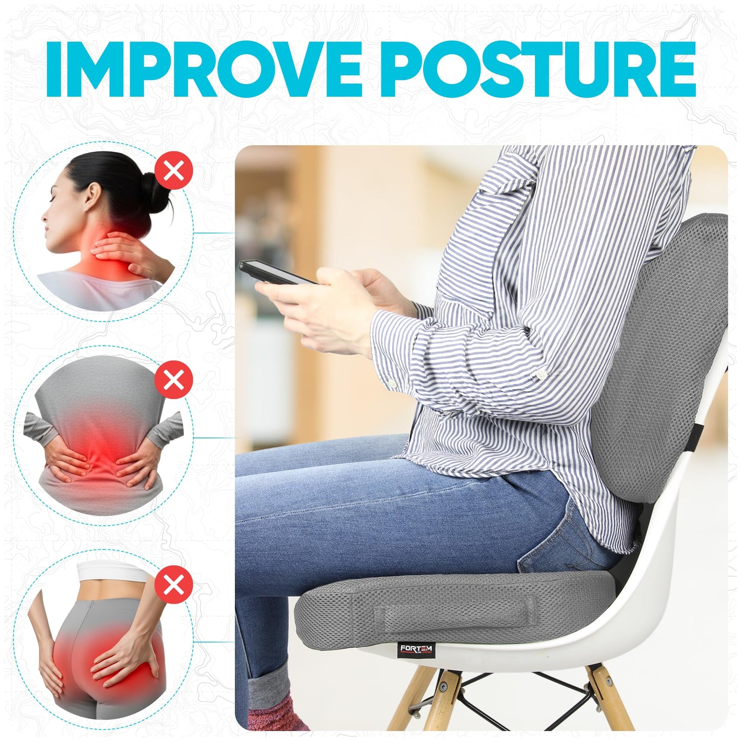 FORTEM Seat Cushion & Lumbar Support for Office Chair, Car Seat Combo