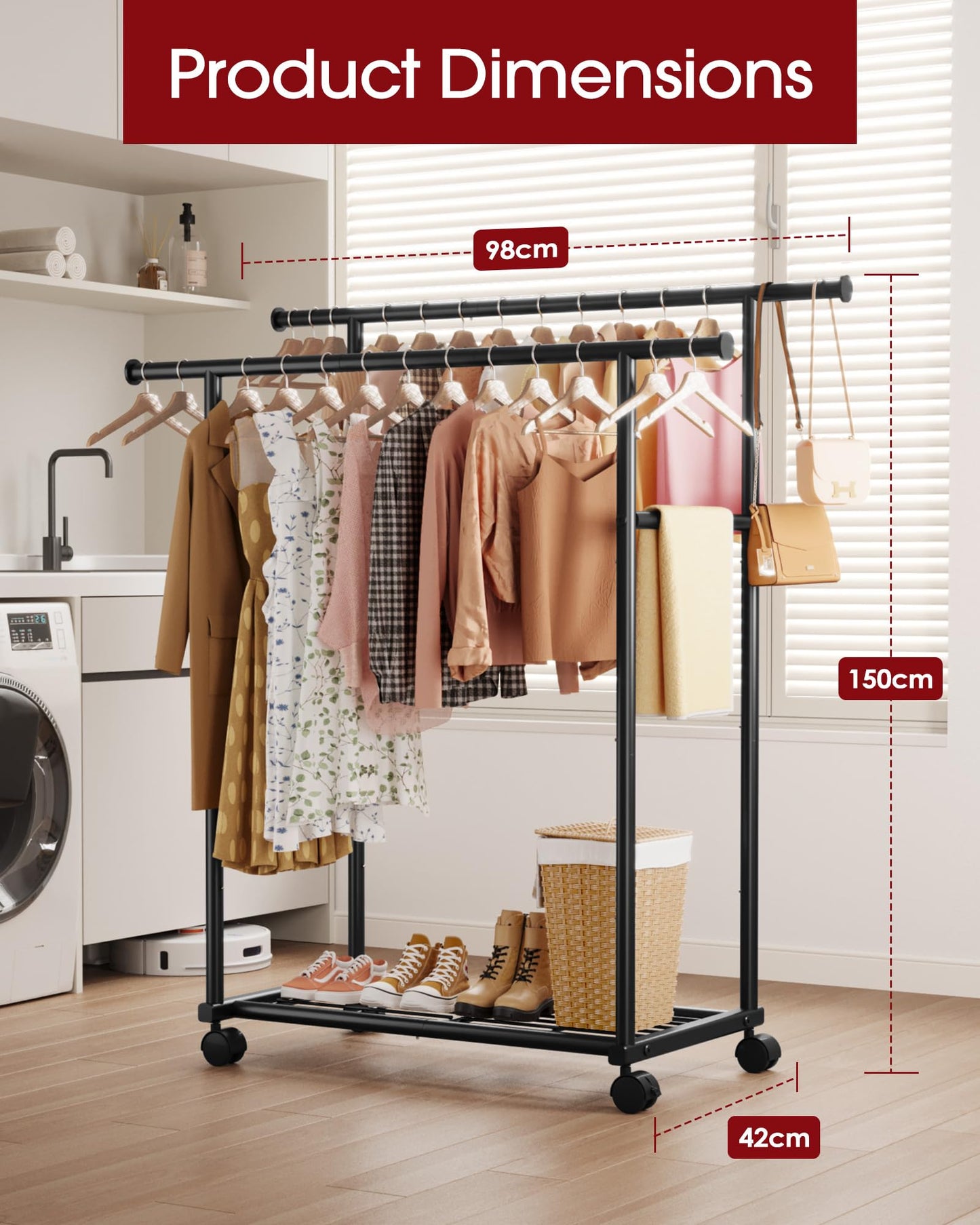 Sakugi Double Rod Clothing Rack with Shelf & Wheels, 98x42x150cm, Black