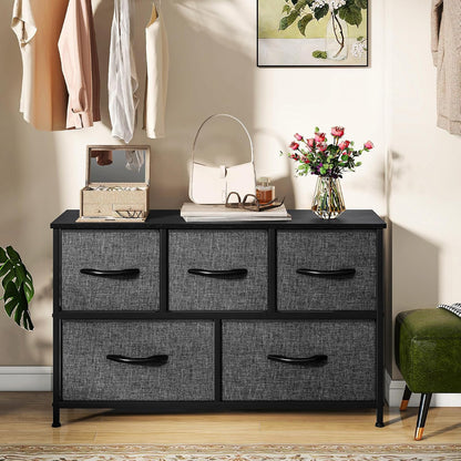 DWVO Chest of Drawers, 5 Fabric Drawers Bedroom Cabinet,Dresser for Bedroom,Living Room With Handles,Wood Top and Sturdy Steel Frame, Black Grey