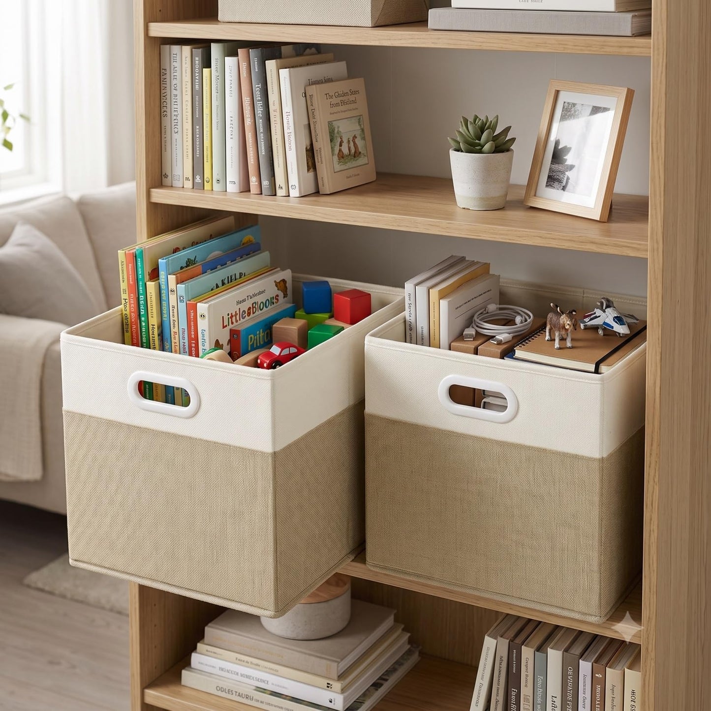 SOCOHOME Fabric Storage Boxes,25x25x25cm Storage Cube, Foldable Storage Baskets for Toys Nursery Closet(Light Khaki/Cream White, 4 Pack)