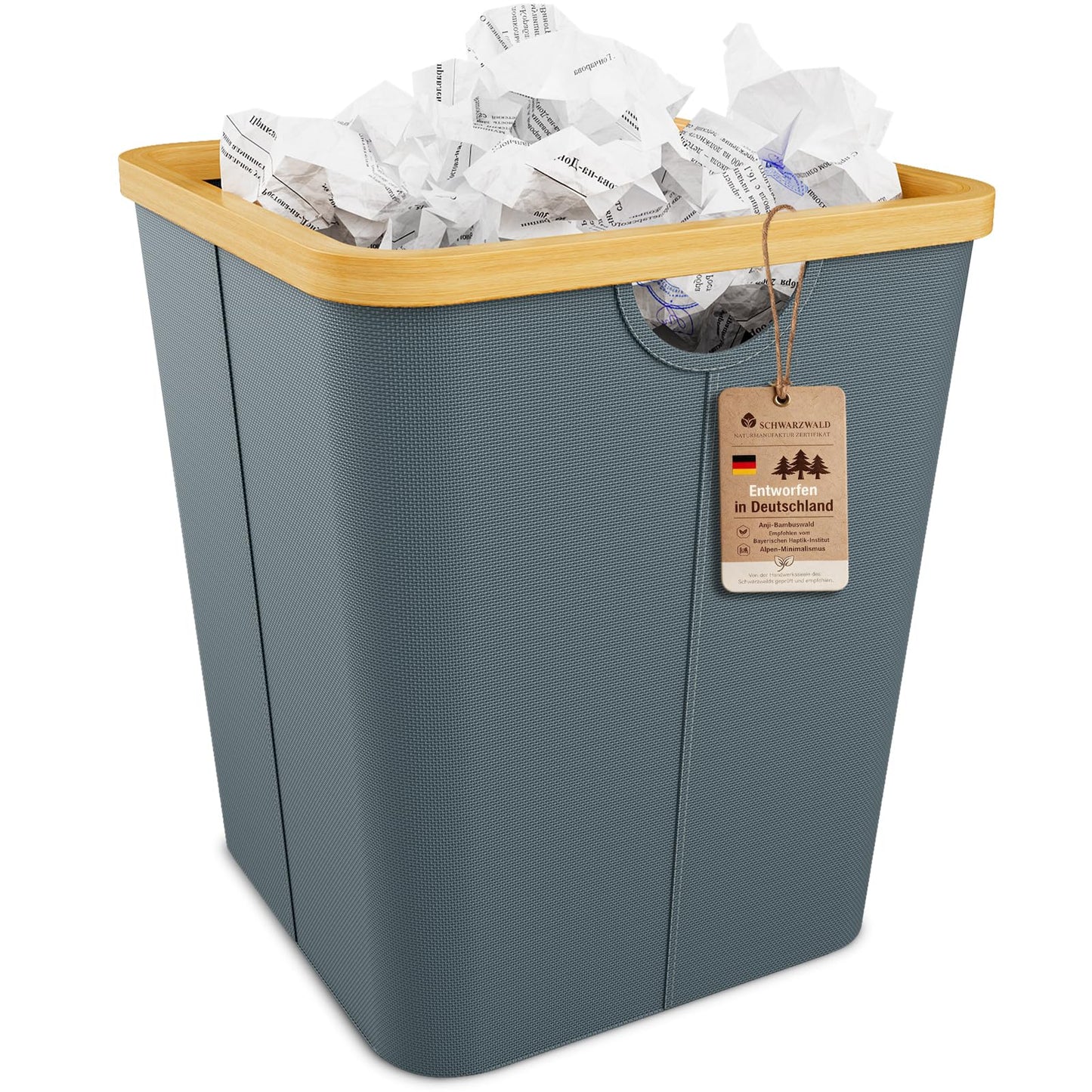 Vireon Waste Paper Bin with Bamboo Frame 30L Waste Basket with Oxford Fabric - Desk Bins for Office & Home Accessories (Grey, Square, 30, Litres)