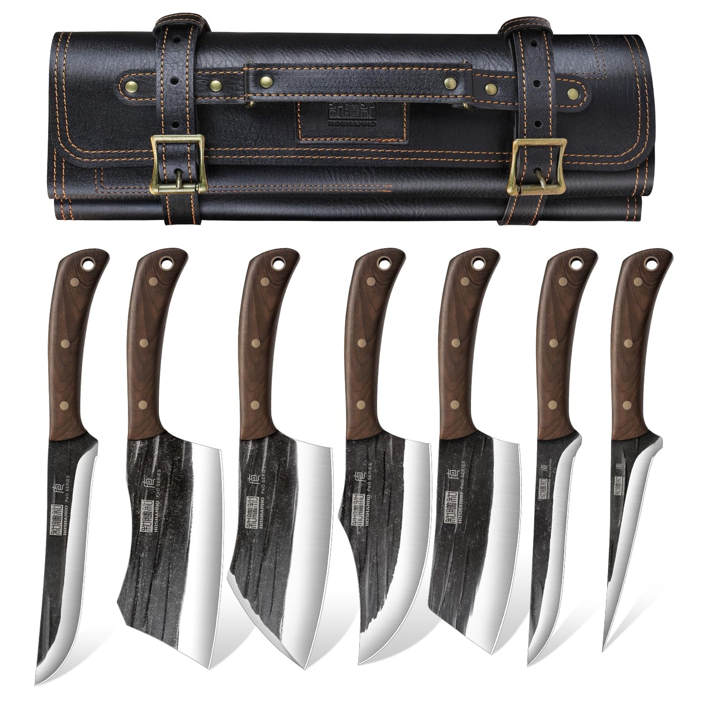 HOSHANHO Butcher Knife Set, Hand Forged Butcher Chef Knife Set with Roll Bag, Sharp Meat Cleaver Bone Chopper Fillet Knife for Home & Camping & BBQ