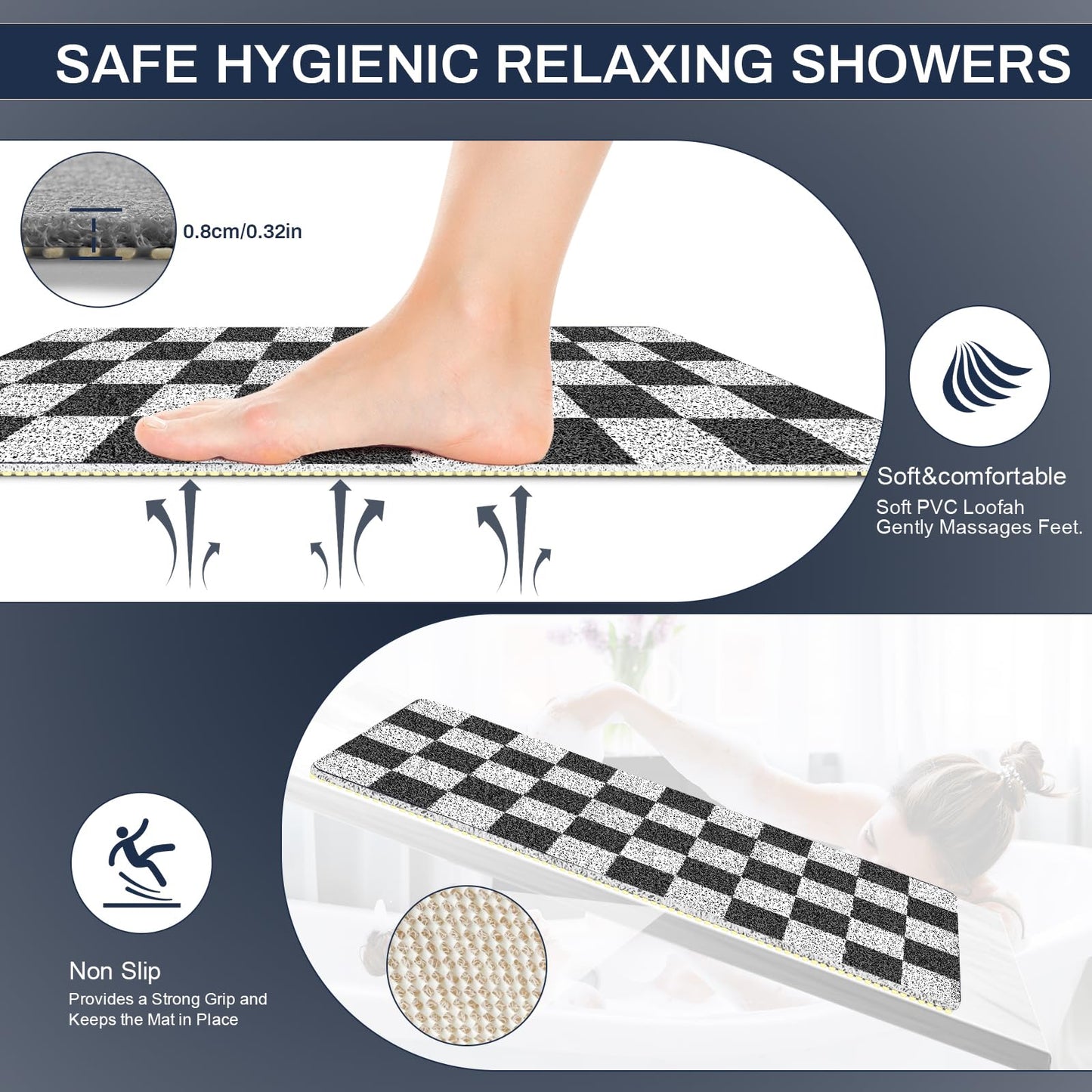 Non Slip Checkered Shower Mats 40x80CM, PVC Loofah Bath Mat for Inside Shower, Quick Dry Soft Bath Mat for Bathroom Floor