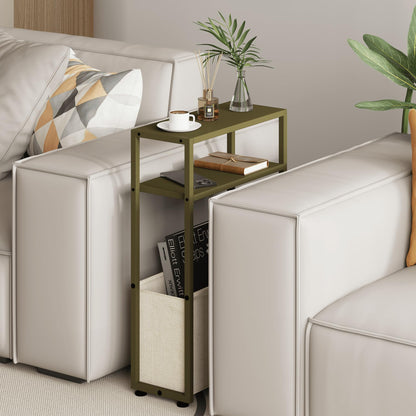 JERX Narrow Side Table with Fabric Basket, End Table for Small Spaces, Slim Side Table with Magazine Rack for Living Room Office Bedroom and Bathroom