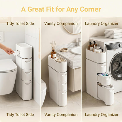 Slim Bathroom Storage Cabinet 4 Tier, Narrow Floor Standing Storage Unit with 3 Drawers & Toilet Paper Holder