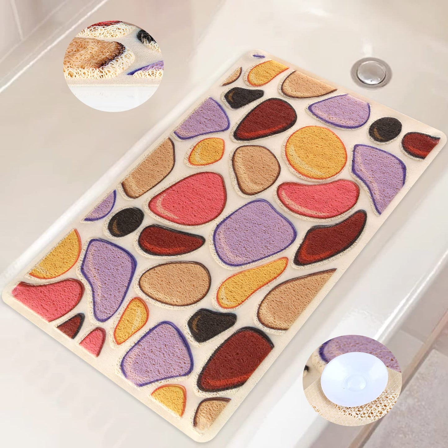 Shower Mat Non Slip 40 x 60 cm Soft Textured Bathtub Mat Non Slip Anti Mould, PVC Loofah Bath Mat for Inside Shower, Bath Massage Mat with 4 Suction