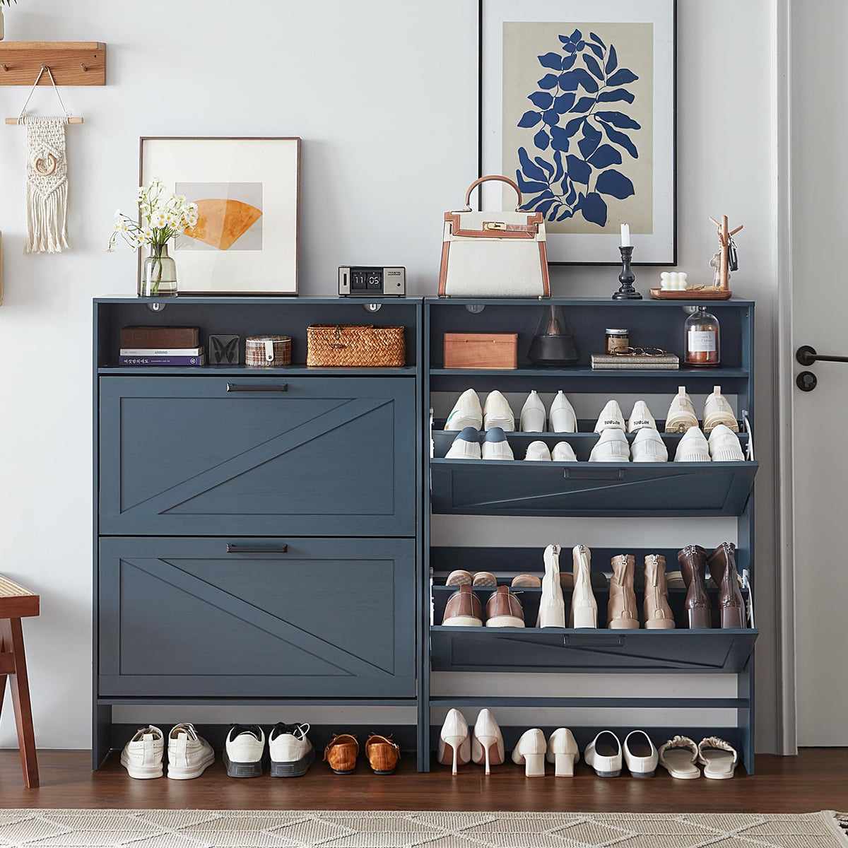 LELELINKY Narrow Slim Shoe Rack Storage Cabinet with for Hallways, Blue